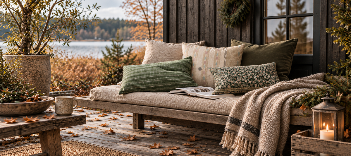 Kissen und ein Plaid auf einer Holzbank an einer dunklen Hütte mit Blick auf einen See in Herbstfarben.
