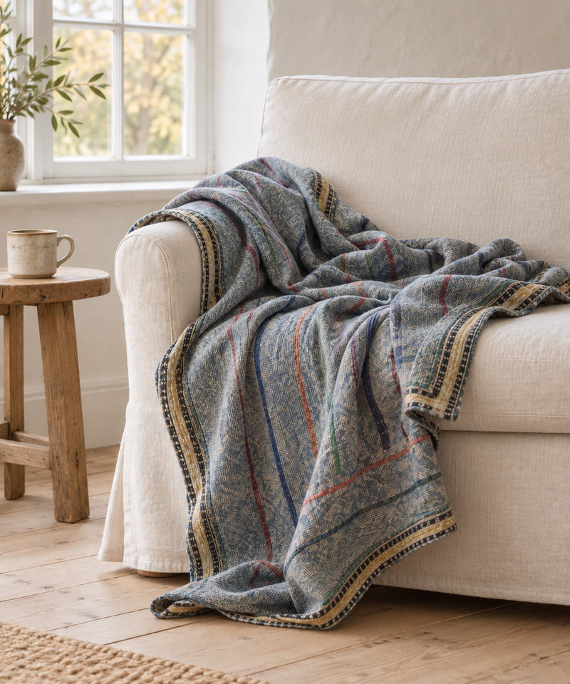 Kantha Blokprint Plaider - Vintage Pearl