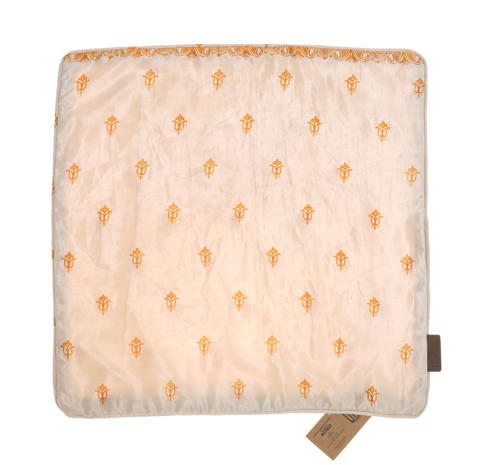 Seidenkissenbezug 50x50 cm in Türkisblau mit farbenfrohem orientalischem Muster aus kleinen Vögeln in Ocker und Terrakotta, Boho-Sari-Kissen