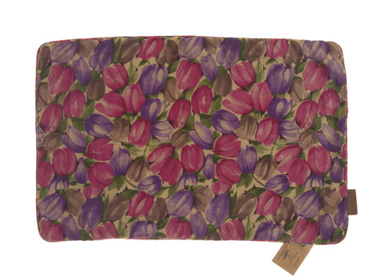 Einzigartiger Seidenkissenbezug (60 x 40 cm) mit farbenfrohem Tulpenmuster in Rosa, Lila und Braun, im Sari-Stil mit Boho-Vintage-Flair