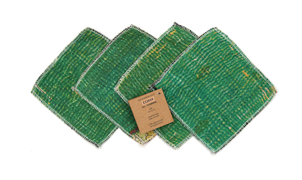 Untersetzer-Set, 4-teilig, aus grüner Baumwolle, 12x14 cm, mit sichtbarem Rand und Aufbewahrungsetikett (Abbildung)
