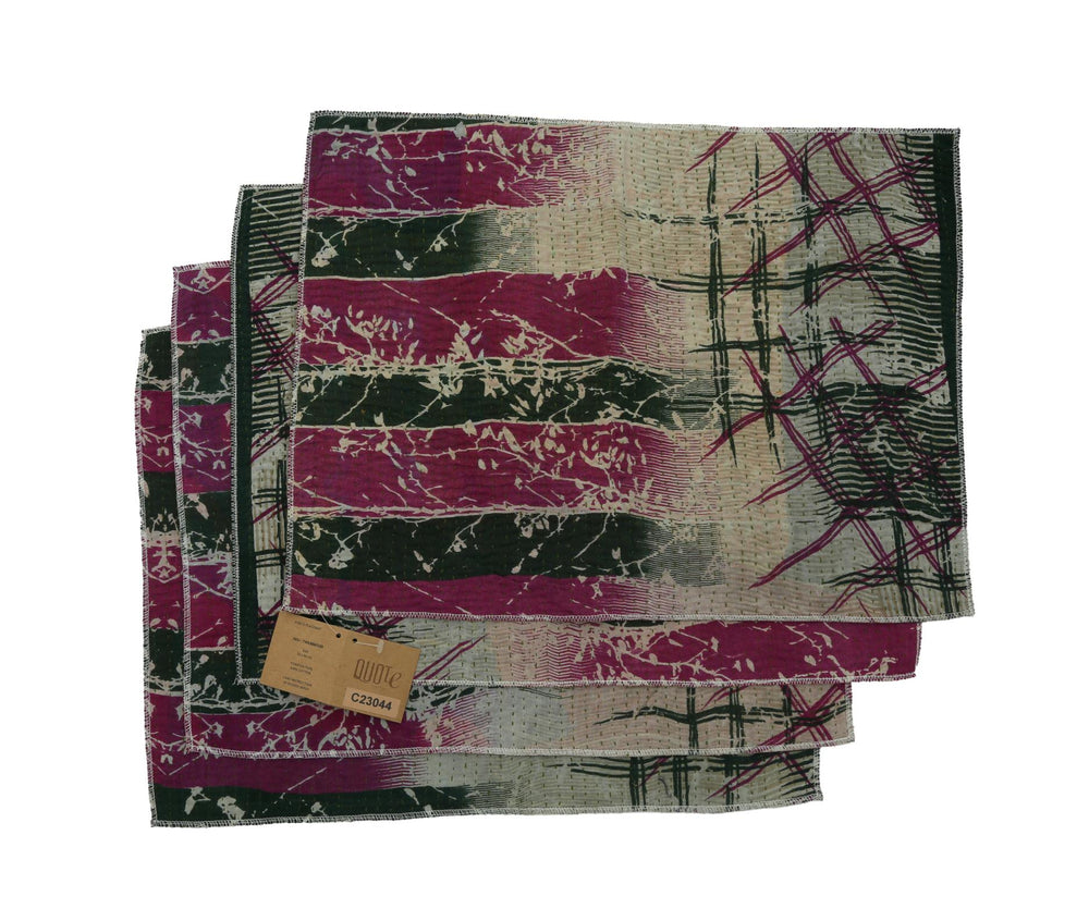 Set aus 4 Platzsets (33 x 44 cm) mit abstraktem Streifenmuster in Burgunderrot, Dunkelgrün und Beigegrau, dekorativen Nahtkanten und Musterdruck