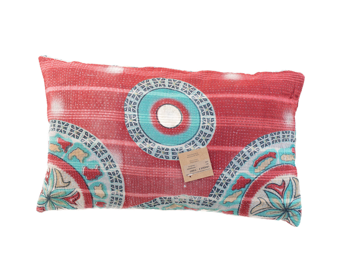 Sari pillowcase 30x50 in pink, turquoise and white with colorful oriental/Indian patterns, circle ornaments and flowers - unique sari pillow in boho/vintage style (upcycled)
