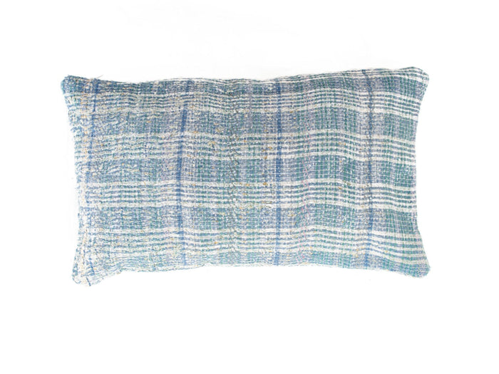 Sari-Kissenbezug 30x50 mit Patchworkmuster in Senfgelb, Blau und Lila mit Kreisen und dekorativen Details