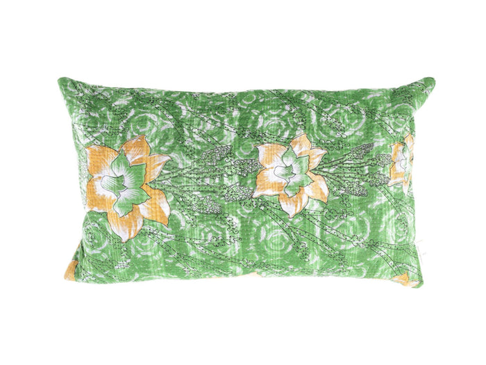 Sari-Kissenbezug 30x50 mit weiß/cremefarbenem Muster und grün-türkisfarbenen Streifen - einzigartiger indischer Kissenbezug für Vintage-Boho- und Sari-Kissen