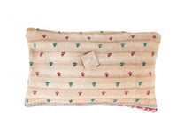 Sari pillowcase 30x50 with beige base and colorful oriental patterns of small trees and figures in green and burgundy - unique sari pillow for boho/bohemian decor