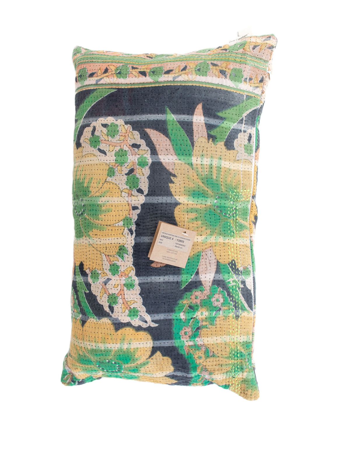 Sari pillowcase 30x50 in boho and vintage style with colorful floral and animal motifs in green, yellow, gray and orange with decorative stripes and ethnic details