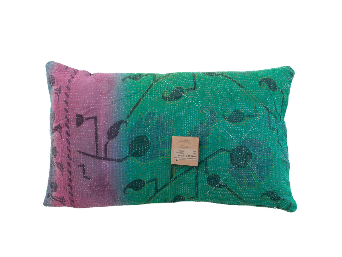 Sari-Kissenbezug 30x50 in Smaragdgrün mit dunkelblauem orientalischem Muster und Fischgrätmuster/inspirierten Details - einzigartiges indisches Kissen im Boho- und Vintage-Stil