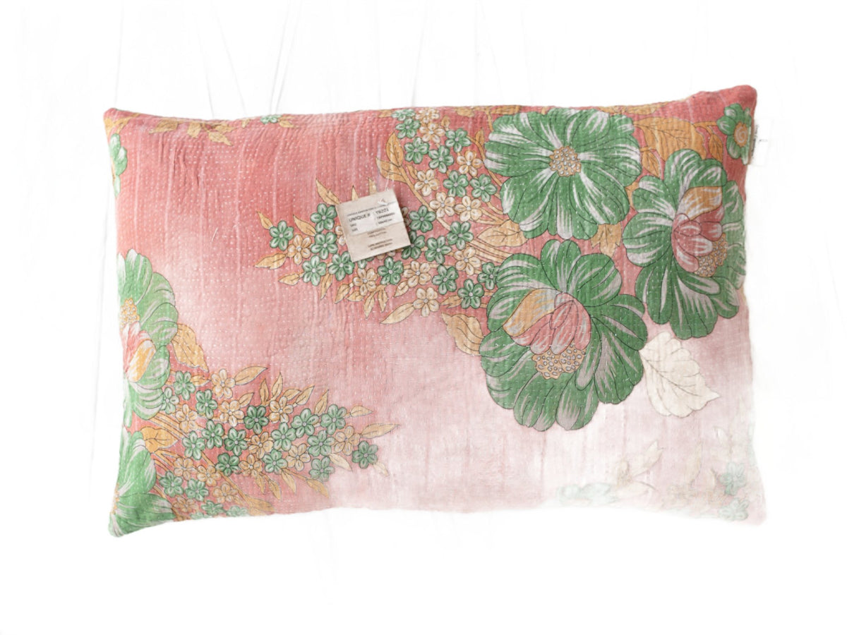 Einzigartiger Sari-Kissenbezug (60 x 40 cm) in farbenfrohen Gold-/Creme-, Blau- und Rottönen mit orientalischen Mustern und diagonalen Streifen – Sari-Kissen/indischer Kissenbezug im Vintage-Boho-Stil