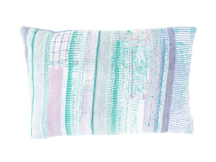 Sari-Kissenbezug 60x40 mit farbenfrohen indischen Boho-Mustern in Senfgelb, Lila und Türkis - einzigartiges Sari-Kissen/Upcycling-Vintage-Kissen