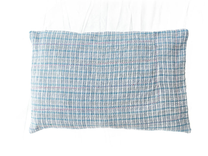 Sari-Kissenbezug 60x40 in Senfgelb mit Boho-/Bohemian-Ethno-Rautenmuster in Lila, Blau und Türkis - einzigartiges indisches Kissen für Sofa und Bett