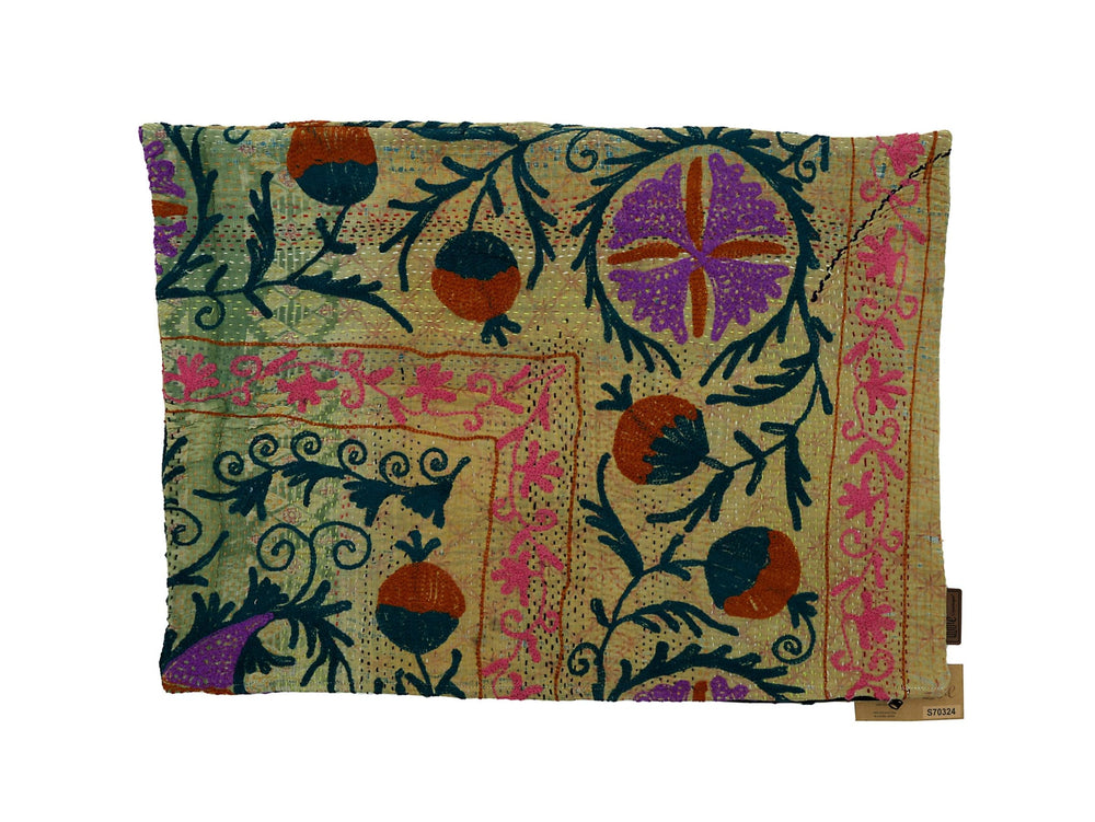 Colorful suzani pillowcase for sari pillow with beige base, dark blue creepers and purple pink flowers and orange dot pattern