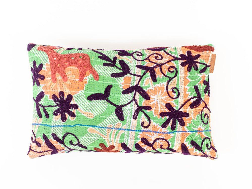Unique suzani pillowcase 30x50 cm in green and orange with dark purple flowers and garland ornaments sari pillow in Indian boho style