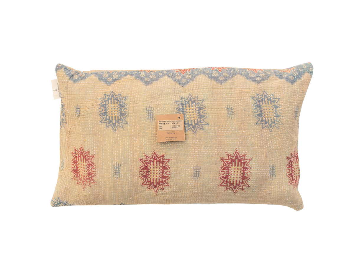 Sari-Kissenbezug 30x50 in Beige mit farbenfrohen, orientalischen Bohème-Mustern in Rot und Dunkelblau, einzigartiges indisches Kissen für Vintage- und Sari-Kissen