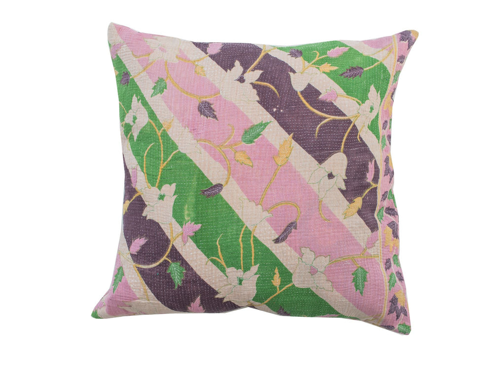 Sari-Kissenbezug 50x50 mit farbenfrohen Blumen- und Blattmustern in Grün, Rosa und Lila, Vintage-Boho-Dekor aus Indien, Sari-Kissen/einzigartiges Kissen (indischer Kissenbezug)