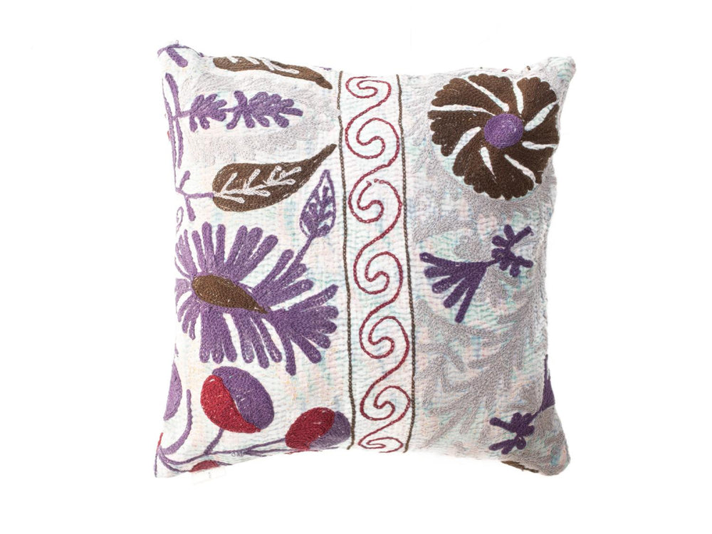 Unique suzani pillowcase 50x50 cm in light white with colorful purple and brown floral motifs and red ornamental border in oriental boho vintage style