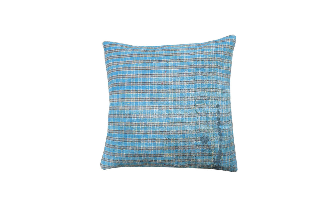 50x50 cm großer Sari-Kissenbezug in Blau, Türkis und Beige mit feinen Streifen und ethnischem, gewebtem Vintage-Muster – einzigartiges Sari-Kissen im Boho-Stil