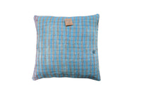 Sari-Kissenbezug 50x50 mit blauen Farben, beigen und grauen vertikalen Streifen und Vintage-Muster - indisches, bohemisches und upgecyceltes Sari-Kissen (einzigartig)