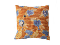 50x50 Sari-Kissenbezug in Orange und Blau mit Vintage-Boho-Muster und bunten Blumen, einzigartiger Look aus indischem Wickeltuch/Upcycling-Sari-Kissen
