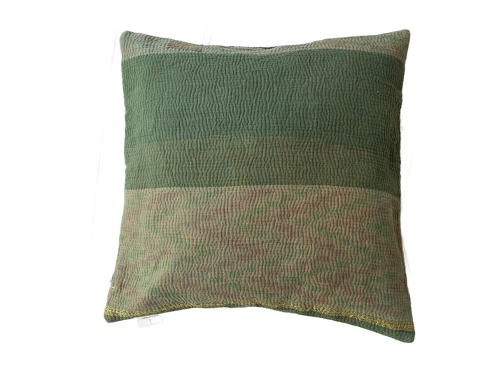 Sari-Kissenbezug 50x50 in Dunkelgrün und Staubblau mit Vintage-Muster und Upcycling-Details, einzigartiger indischer Kissenbezug im Boho-Stil