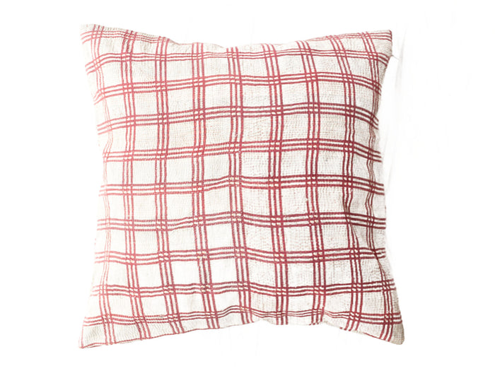 Sari-Kissenbezug 50x50 mit weißem Grund und rot-kariertem Muster im Vintage-/indischen Stil - Sari-Kissen, Boho- und einzigartiger indischer Kissenbezug
