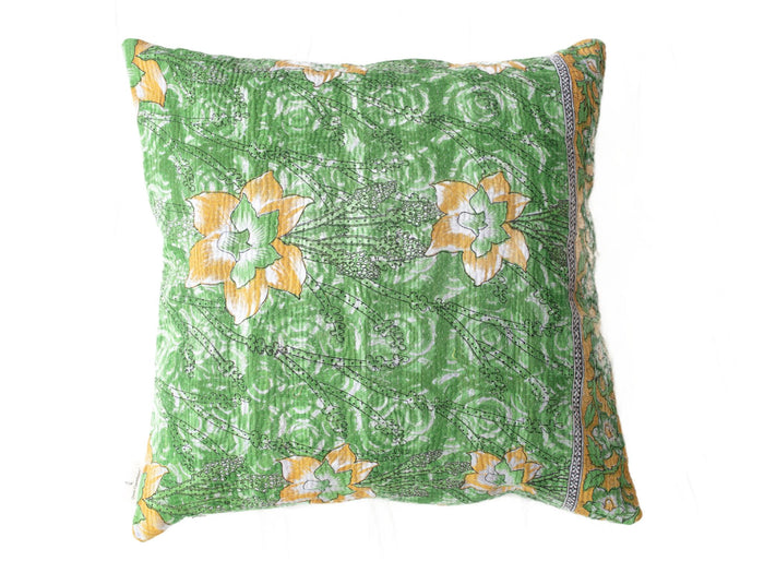 Grüner indischer Sari-Kissenbezug (50x50) mit bunten Blumen und Vintage-Muster, Sari-Kissen im Bohème-Stil/einzigartiges Kissen im Boho-Stil