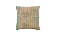 50x50 Sari-Kissenbezug in Beige mit farbenfrohen orientalischen Blumen- und Schlingenmustern in Türkis, Grün und Blau - Vintage Boho/Bohemian indische Wickeltechnik für Sari-Kissen und einzigartige Kissen