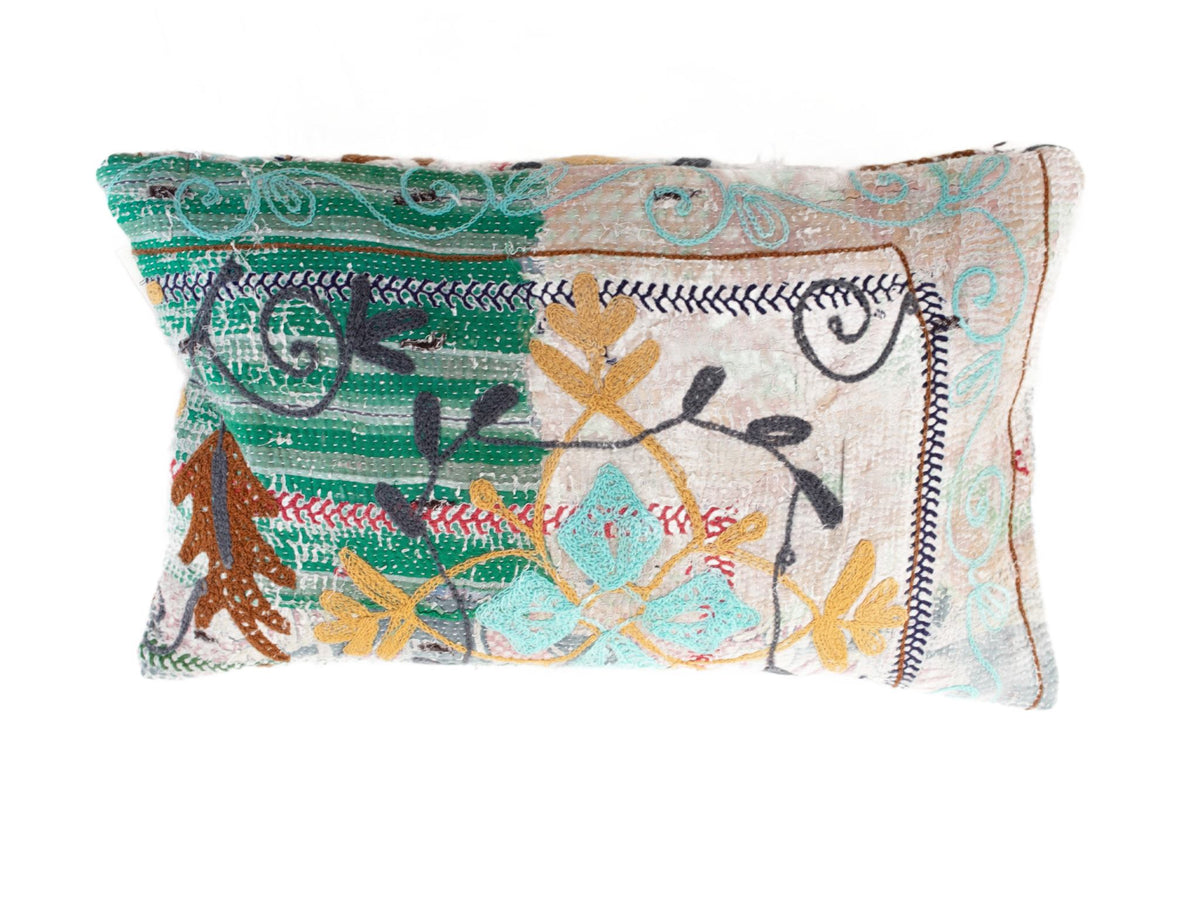 Suzani Kissenbezug 30x50 cm im Boho-Vintage-Stil mit gestickten Blumen, Bändern und Kreisen in Grün, Türkis, Gelb und Dunkelblau