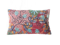 Suzani pudebetrÃ¦k 30x50 cm i maroon med sari pude mÃ¸nster og orientalsk vintage broderi i blÃ¥ konturer turkis og orange detaljer