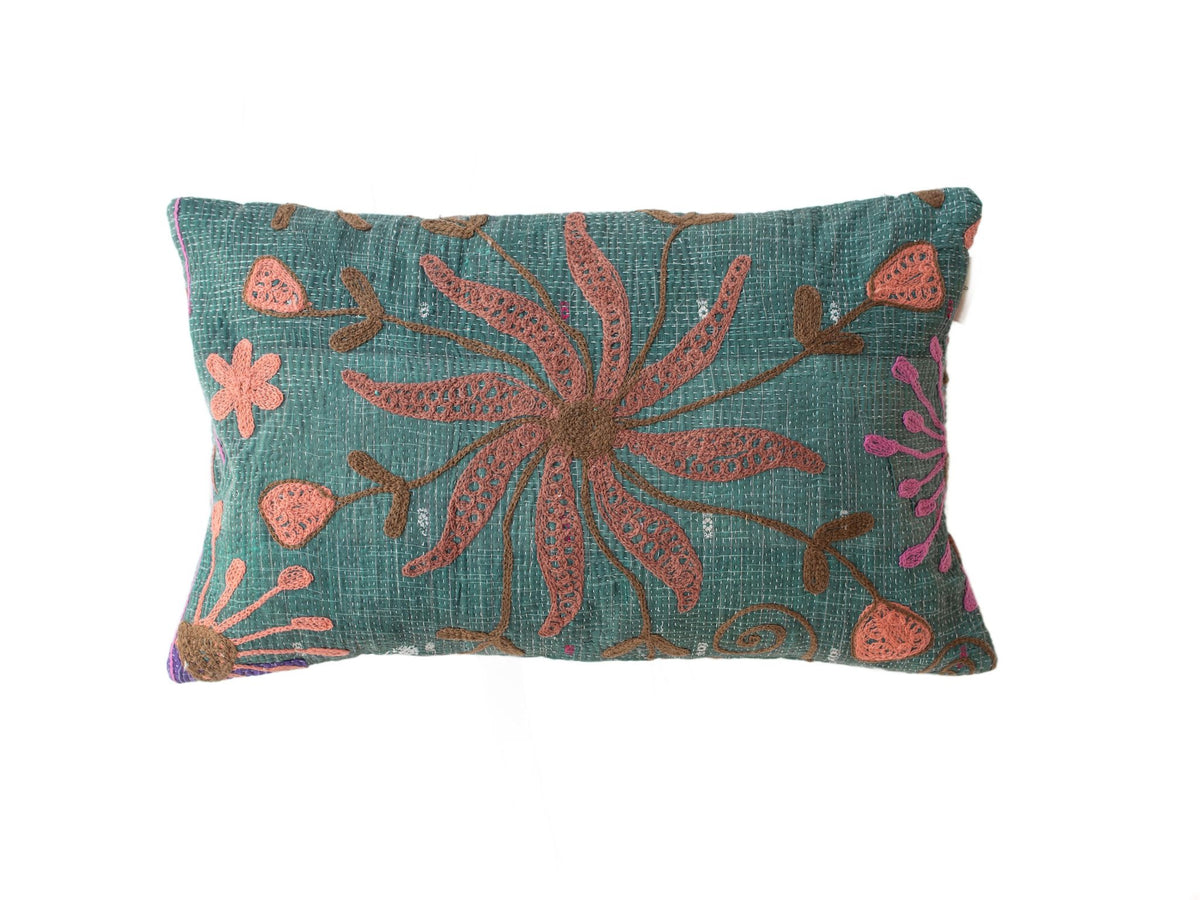 Unique suzani pillowcase 30x50 cm in petrol green woven fabric with embroidered oriental floral ornament in coral brown and purple shades