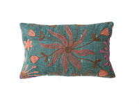 Unique suzani pillowcase 30x50 cm in petrol green woven fabric with embroidered oriental floral ornament in coral brown and purple shades