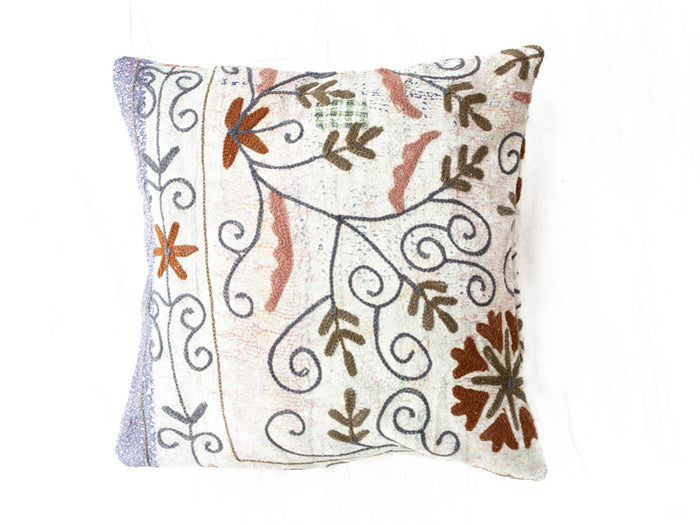 Unique suzani pillowcase 50x50 cm with white base and embroidered oriental sling patterns in dark blue brown and olive green vintage boho