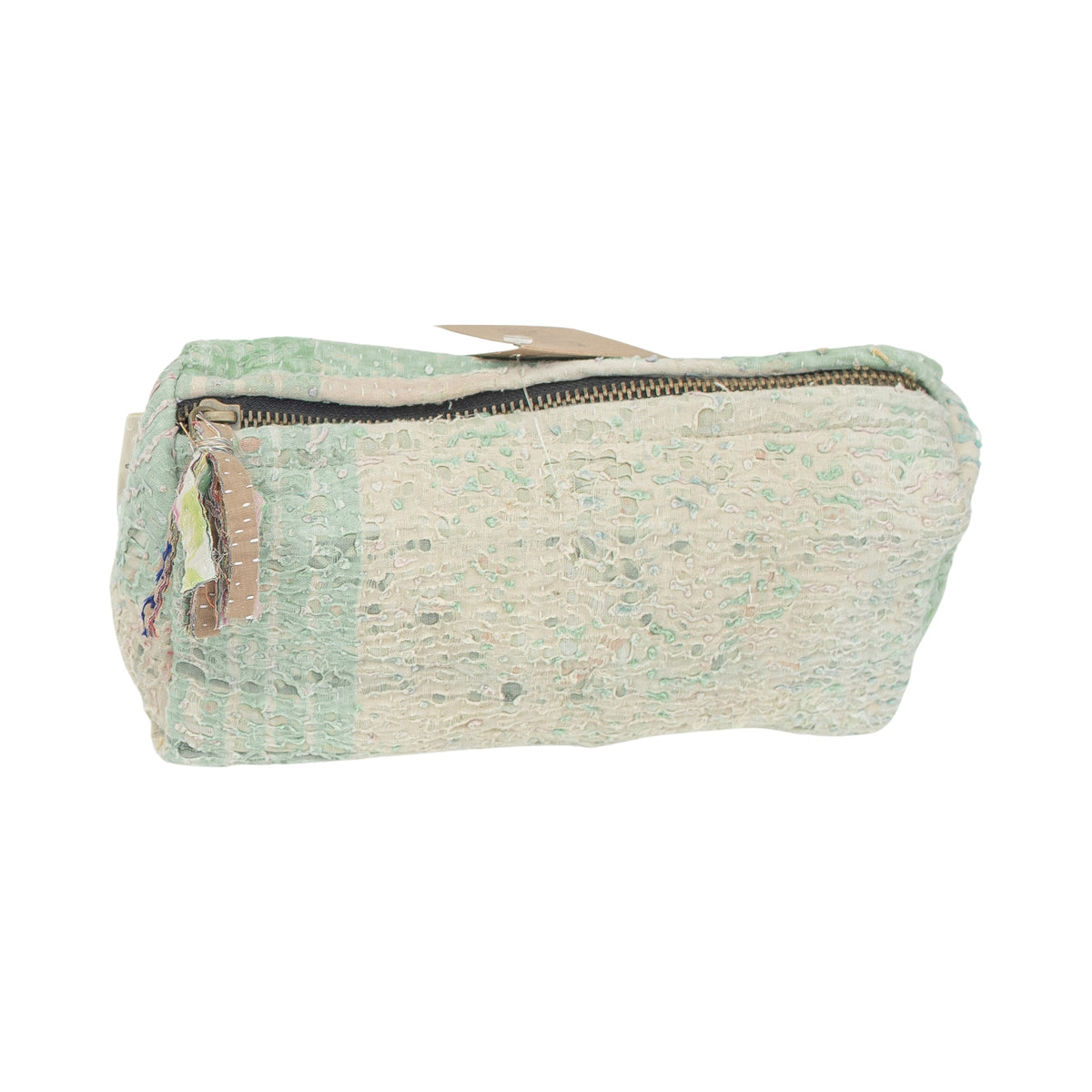 Fine Q Pouch Large, 17 × 12 cm, in mint green and cream with a zip and coloured fabric panels.