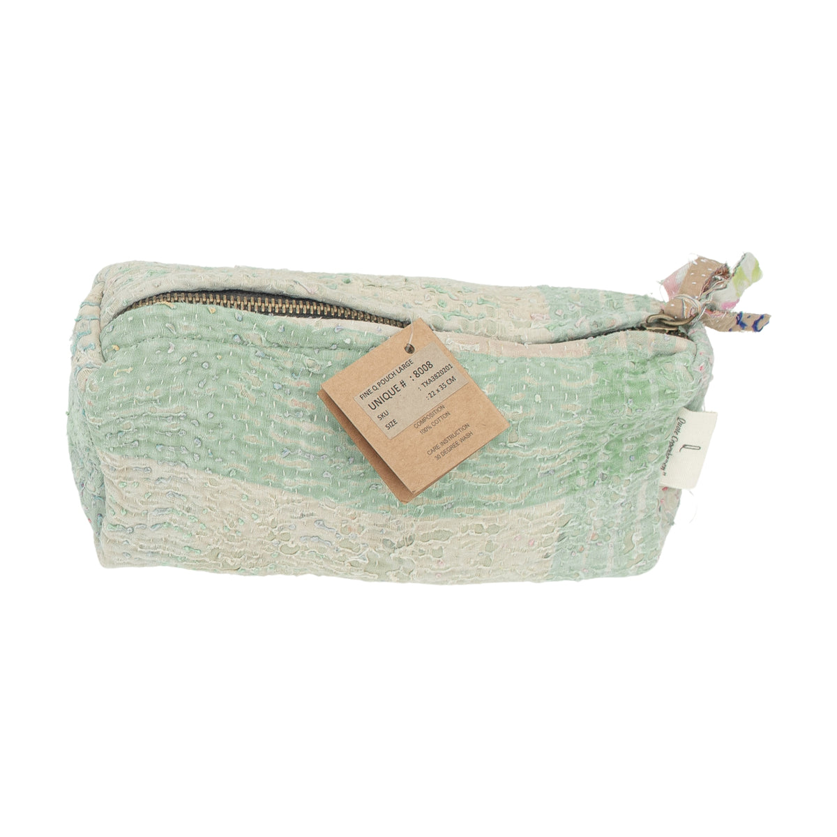 Fine Q Pouch Large, 17 × 12 cm, in mint green and cream with a zip and coloured fabric panels.