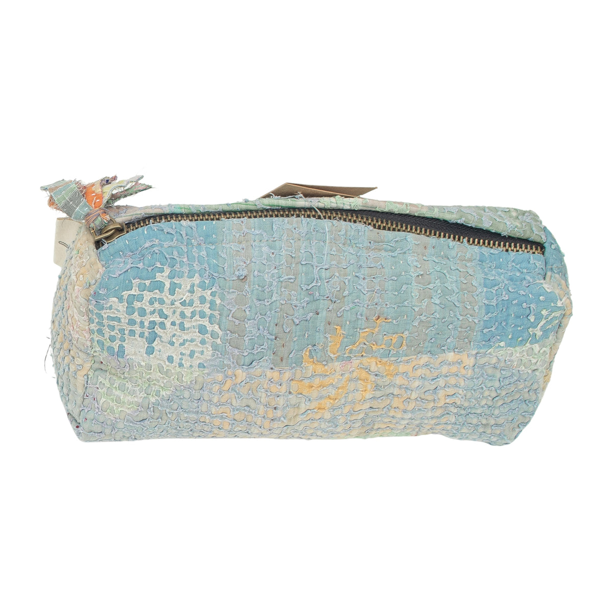 Fine Q Pouch Large, 17 × 12 cm, in light blue and cream with a zip and coloured fabric panels.