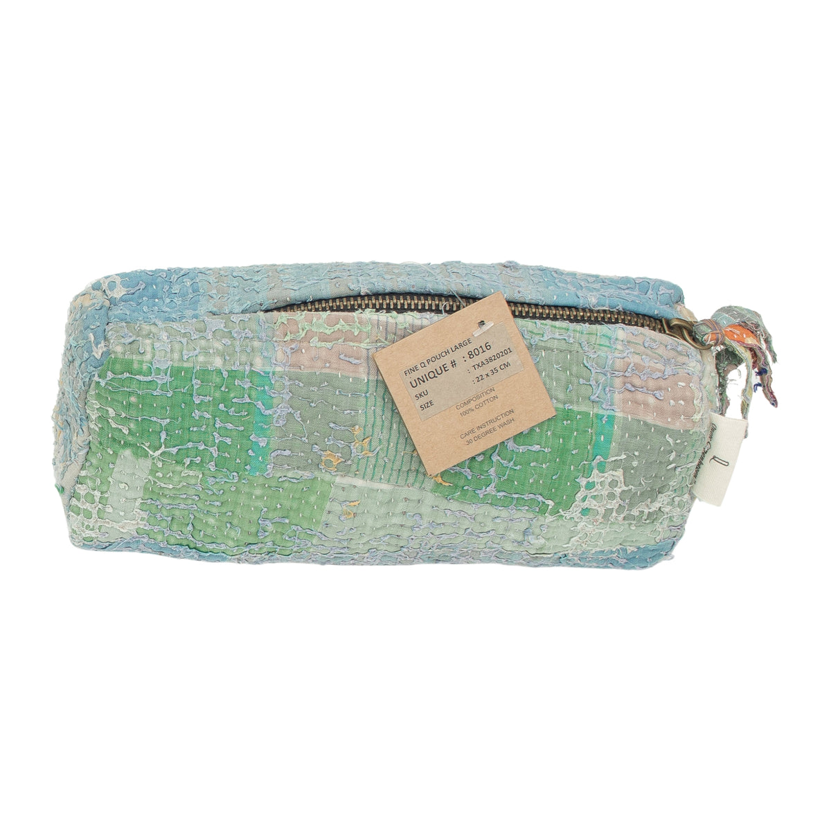 Fine Q Pouch Large, 17 × 12 cm, in green, light blue and cream with a zip and coloured fabric panels.