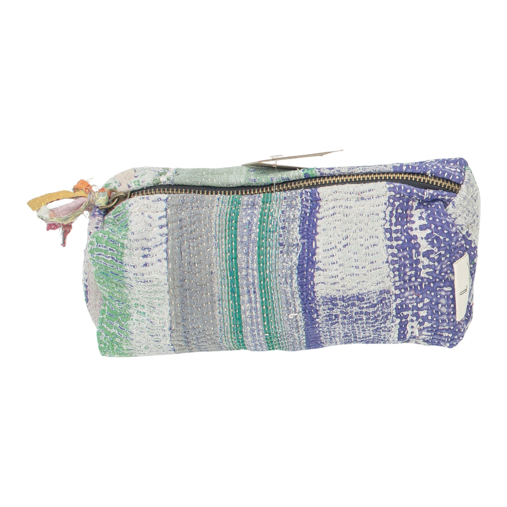Fine Q Pouch Large, 17 × 12 cm, in purple, green and cream with a zip and stripes.