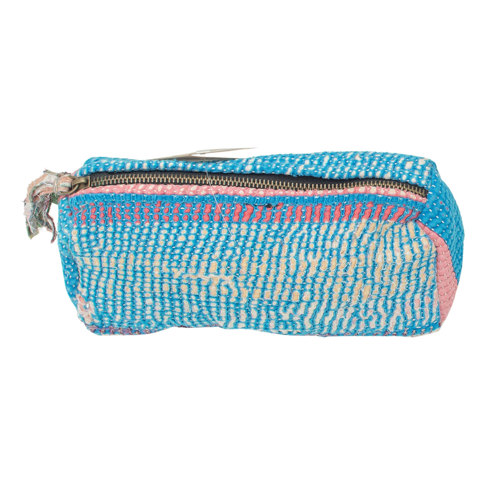 Fine Q Pouch Large, 17 × 12 cm, in blue, pink and cream with a zip and coloured fabric panels.