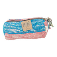 Fine Q Pouch Large, 17 × 12 cm, in blue, pink and cream with a zip and coloured fabric panels.