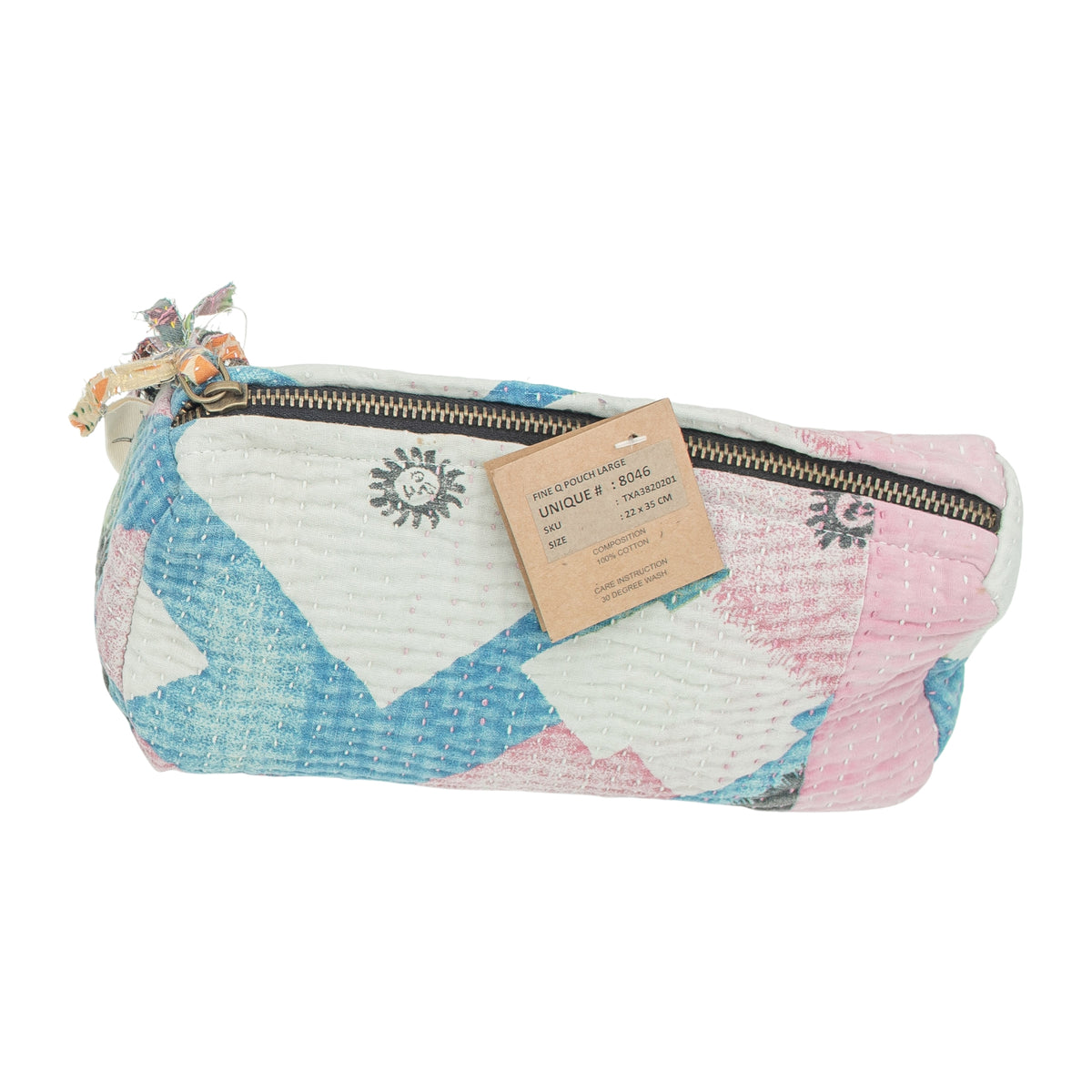 Fine Q Pouch Large, 17 × 12 cm, in pink, blue and white with a zip and a geometric pattern.