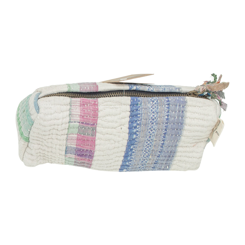 Fine Q Pouch Large, 17 × 12 cm, in white, blue and pink with a zip and stripes.