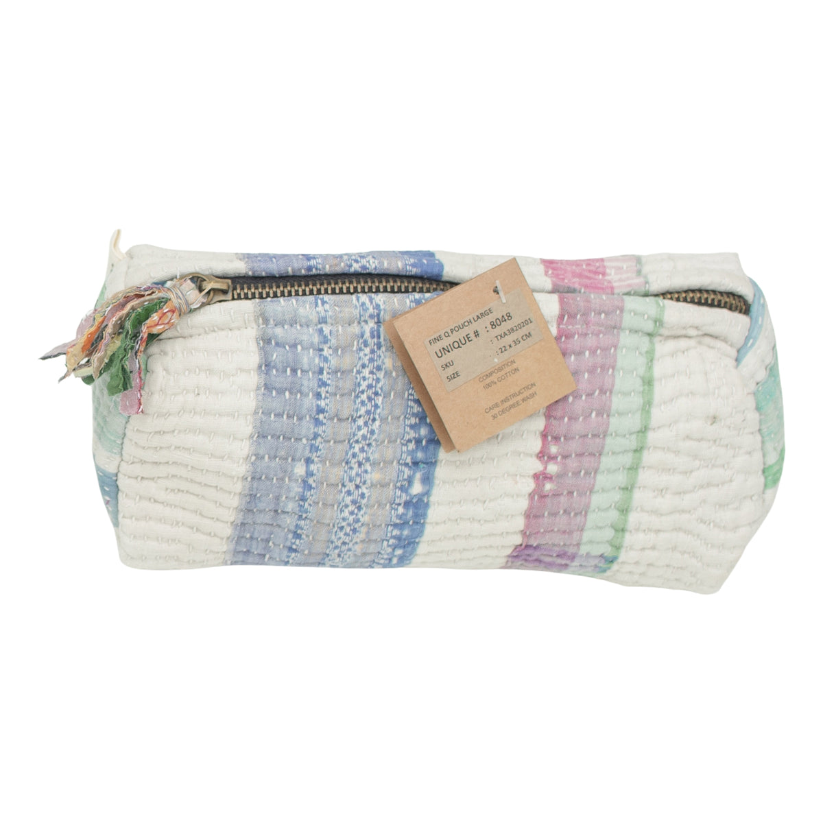 Fine Q Pouch Large, 17 × 12 cm, in white, blue and pink with a zip and stripes.