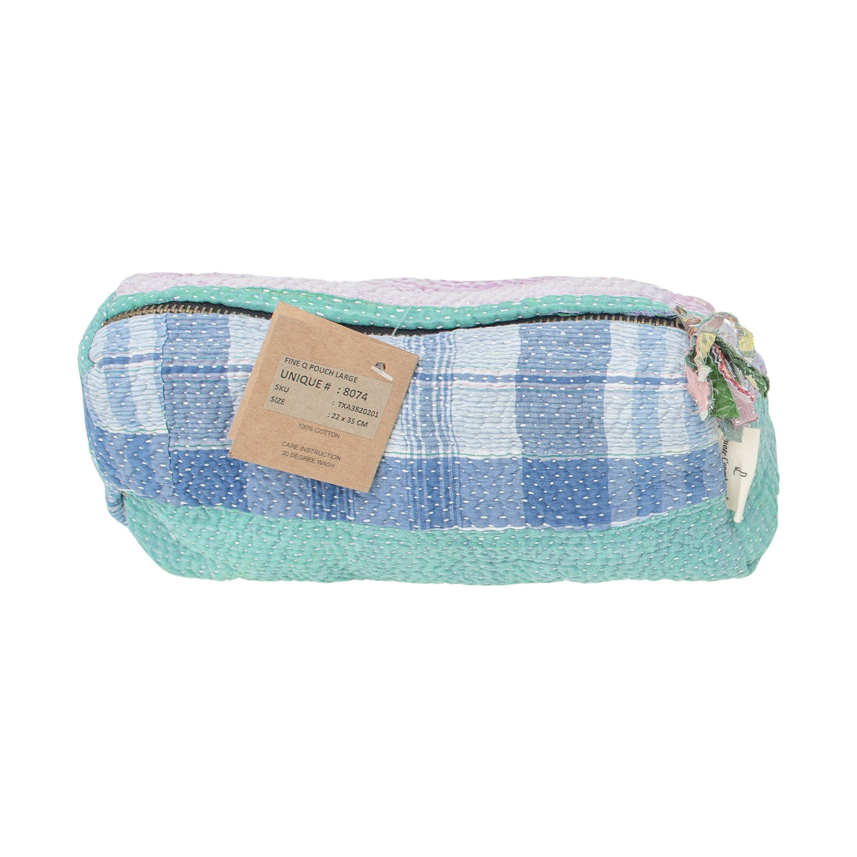 Fine Q Pouch Large, 17 × 12 cm, in blue, white and mint green with a zip and checks.