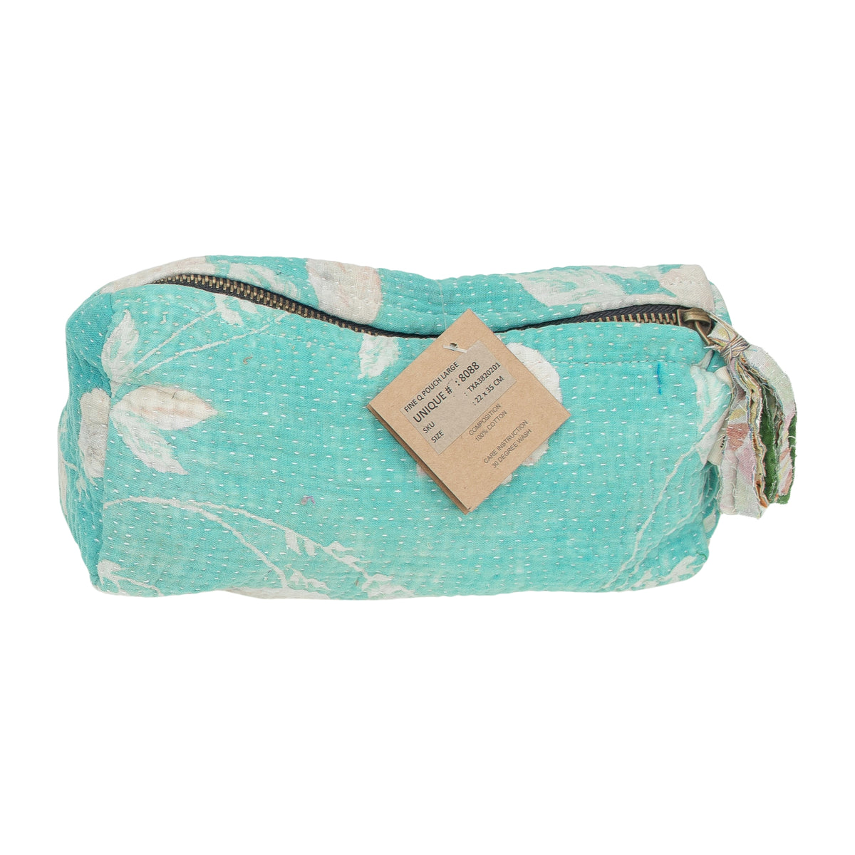 Fine Q Pouch Large, 17 × 12 cm, in turquoise and cream with a zip and a leaf pattern.
