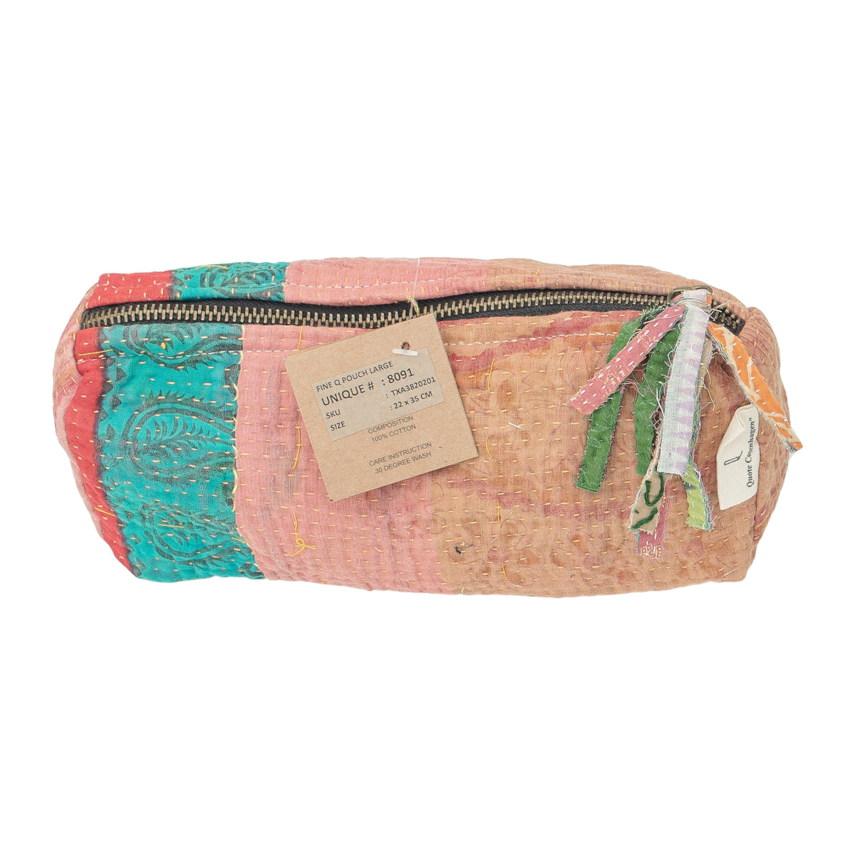 Fine Q Pouch Large, 17 × 12 cm, in peach, turquoise and red with a zip and coloured fabric panels.